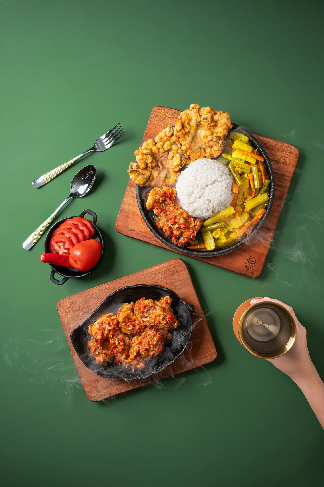 Manado Hot Plate food photography, overhead food composition